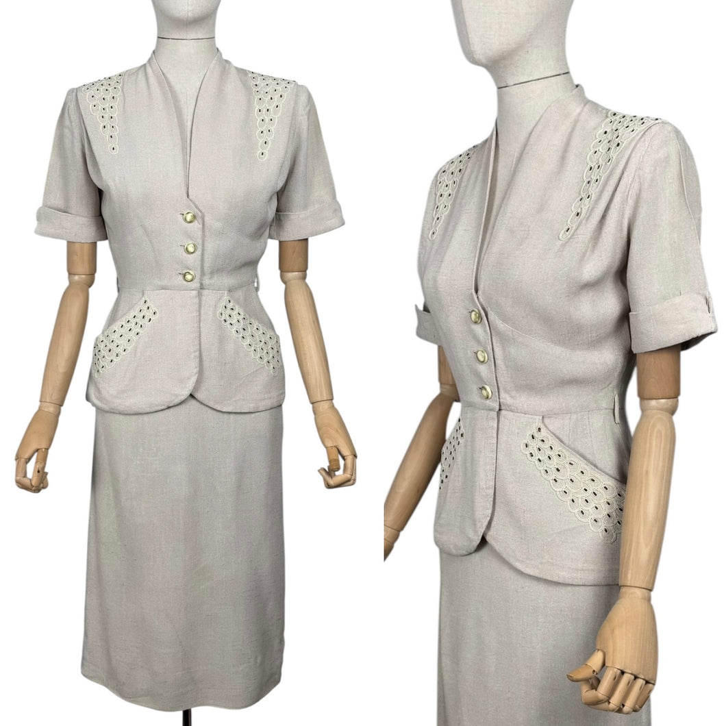 Original 1940's or 1950's Moygashel Linen Summer Suit with Beading and Soutache - Bust 34 35 *