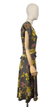 Load image into Gallery viewer, Original 1940's Dark Grey Floral Print Pink and Mustard Crepe Day Dress with Peplum - Bust 34 35 *
