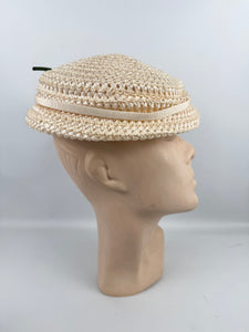 Original 1950's Cream Lacquered Raffia Hat with Pretty Apricot Rose Trim
