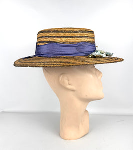Original 1930's 1940's Blue Stripe Straw Hat with Floral Trim - Perfect Summer Hat *