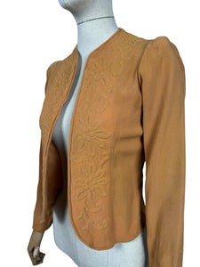 Original 1930’s Golden Ochre Crepe Jacket with Tapunto Quilting - Bust 32 34