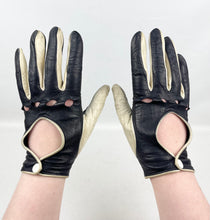Load image into Gallery viewer, Original 1960&#39;s Midnight Blue and Cream Kid Leather Driving Gloves with Popper Fastening *
