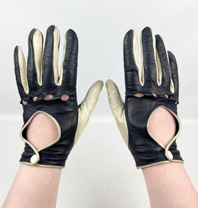 Original 1960's Midnight Blue and Cream Kid Leather Driving Gloves with Popper Fastening