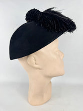 Load image into Gallery viewer, Original 1950's Inky Black Felt Hat with Feather and Pom-pom Trim
