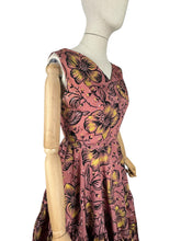 Load image into Gallery viewer, Original 1950&#39;s Salmon Pink Grosgrain Full Circle Day Dress with Bold Floral in Yellow, White and Black Flock - Bust 36
