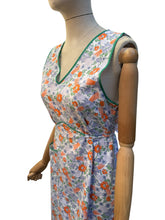 Load image into Gallery viewer, Original 1940's Blue, Orange and Green Floral Print Cotton Apron - Chore Dress - Would Make A Great Summer Dress - Bust 34 36
