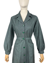 Load image into Gallery viewer, RESERVED FOR KATRINA - DO NOT BUY Original 1940’s Green and Grey Plaid Cotton Long Sleeved Belted Chore Dress with Pockets - Bust 38
