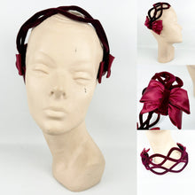 Load image into Gallery viewer, Original 1950&#39;s Burgundy Velvet Half Hat with Double Satin Bow Trim - Great Cocktail Hat
