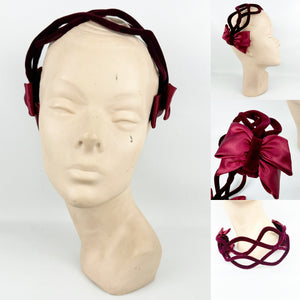 Original 1950's Burgundy Velvet Half Hat with Double Satin Bow Trim - Great Cocktail Hat