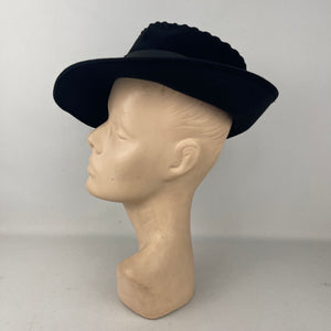 Original 1930's 1940's Inky Black Felt Fedora with Lace Work and Grosgrain Trim