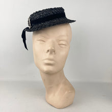 Load image into Gallery viewer, Original 1940’s Black Straw Tilt Topper Hat with Pretty Floral Trim
