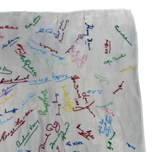 Load image into Gallery viewer, Original 1940&#39;s 1948 Dated White Artificial Silk Scarf with Vibrant Embroidered Signatures
