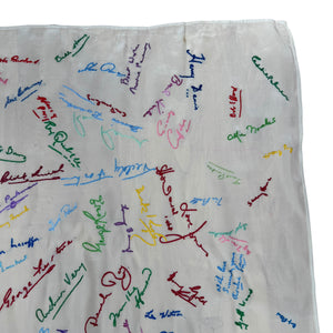 Original 1940's 1948 Dated White Artificial Silk Scarf with Vibrant Embroidered Signatures