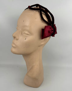 Original 1950's Burgundy Velvet Half Hat with Double Satin Bow Trim - Great Cocktail Hat