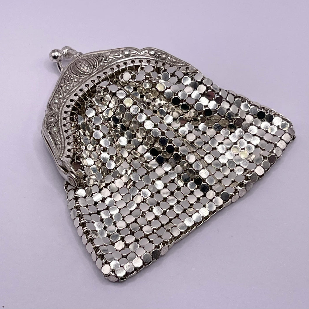 Original Teeny Vintage Silver Metal Mesh Coin Purse with Embossed Frame