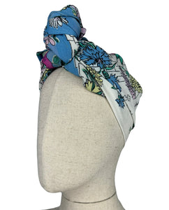 Original 1940's Bright Floral Crepe Scarf in Pink, Green, Blue and White - Great Headscarf