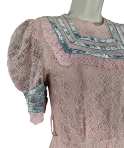 Original 1930's Pretty Pink and Blue Lace Full Length Belted Evening Dress - Bust 30 32