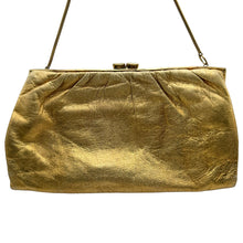 Load image into Gallery viewer, Original 1950&#39;s Soft Gold Leather Evening Bag with Snake Chain and Clear Paste Set Clasp
