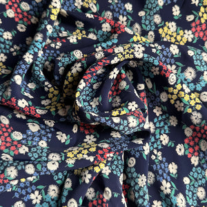 Original 1940's Blue Crepe Dressmaking Fabric with Floral Print in Red, Green, White and Yellow - 35" x 90" *