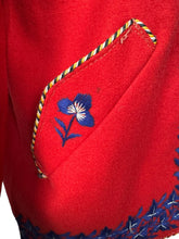 Load image into Gallery viewer, Original 1950&#39;s Red Felt Jacket Embroidered with Leaves in Blue and White - Bust 34 36
