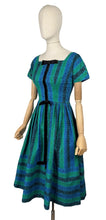 Load image into Gallery viewer, Original 1950's Teena Paige Black, Blue and Green Stripe Cotton Day Dress with Velvet Bow Trim - Bust 34 *
