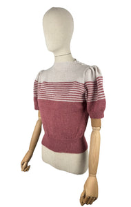 Reproduction 1940's Striped Jumper in Strawberry Pink and White Fog with Full Puff Sleeves - Bust 38 40 *