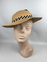Load image into Gallery viewer, Original 1930's Natural Straw Hat with Navy and Ivory Grosgrain Trim
