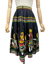 Load image into Gallery viewer, Original 1950&#39;s Black Cotton Skirt with Novelty Mexican Print - Waist 25 *
