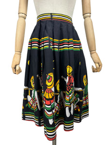 Original 1950's Black Cotton Skirt with Novelty Mexican Print - Waist 25 *