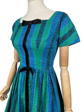 Load image into Gallery viewer, Original 1950's Teena Paige Black, Blue and Green Stripe Cotton Day Dress with Velvet Bow Trim - Bust 34 *
