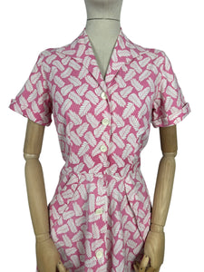 Original 1940's 1950's Pink and White Cotton Summer Dress with Pretty Fern Print - Bust 34 35