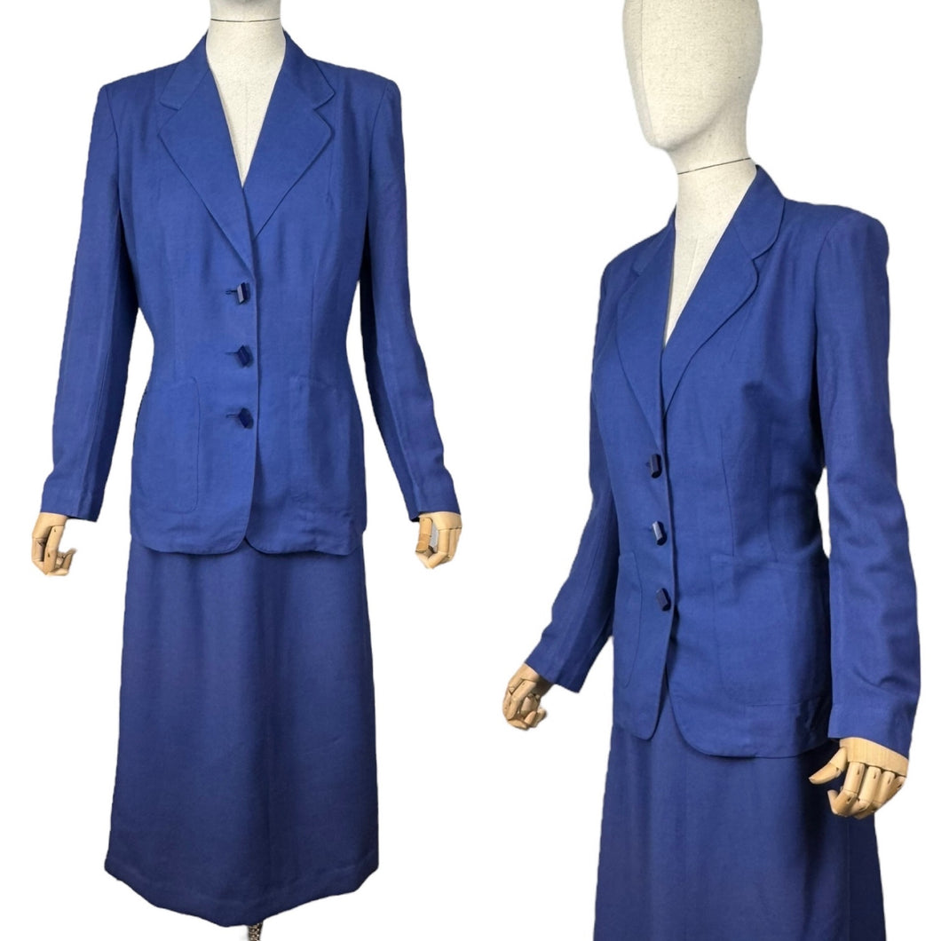 Original 1940's Hyacinth Blue Fine Linen Skirt Suit by Sacony Palm Beach - Bust 38 40
