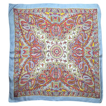 Load image into Gallery viewer, Original Large 1940's Blue Crepe Scarf with Paisley Design in Purple, Mustard, Red, Black and White - Great Headscarf *
