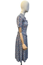 Load image into Gallery viewer, Original 1930's Floral Crepe Day Dress in Blue, Red and Green with Frill Trim - Bust 34

