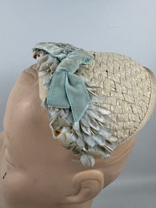 Original 1950's Ice Blue and Ivory Lacquered Raffia Half Hat with Petal Trim and Velvet Bow