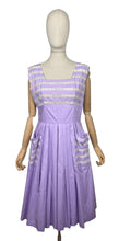 Load image into Gallery viewer, Original 1950&#39;s Carnegie Model Pale Lilac Cotton Day Dress with White Lace Detail and Bow Trimmed Pockets - Bust 38
