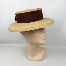 Load image into Gallery viewer, Original 1940’s Natural Straw Hat with Wide Brown Grosgrain Trim and Bow - Perfect Summer Hat
