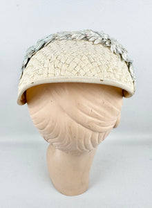 Original 1950's Ice Blue and Ivory Lacquered Raffia Half Hat with Petal Trim and Velvet Bow