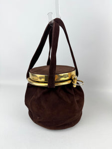 Original 1940's Chocolate Brown Suede Bag with Gold-tone Frame and Clasp