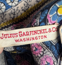 Load image into Gallery viewer, Original 1940&#39;s or 1950&#39;s Julius Garfinckel &amp; Co Pure Silk Scarf in Blue, Pink, Yellow and Black - Great Headscarf
