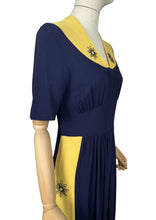 Load image into Gallery viewer, Stunning Original 1940's Navy and Butter Yellow Colour Block Crepe Dress with Floral Embroidery - Bust 34 35 *
