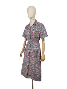Original Volup 1930's Blue Cotton Dress with Pretty Floral Print in Red, Green and White - Bust 40 42