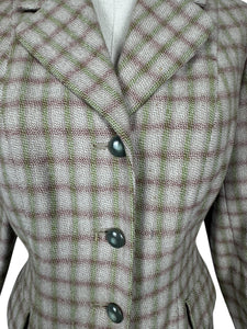 Original 1940's Green and Burgundy Check Wool Suit by Dorchester - Bust 38 40