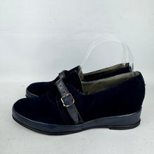 Load image into Gallery viewer, Original 1940's CC41 Deadstock Navy Blue Suede and Leather Wedge Shoes - UK 4 4.5
