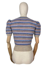 Load image into Gallery viewer, Reproduction 1940&#39;s Waffle Stripe Jumper with Bow Neck in Beige, Purple, Blue, Pink and Grey - Knitted from a Wartime Pattern - Bust 34 36
