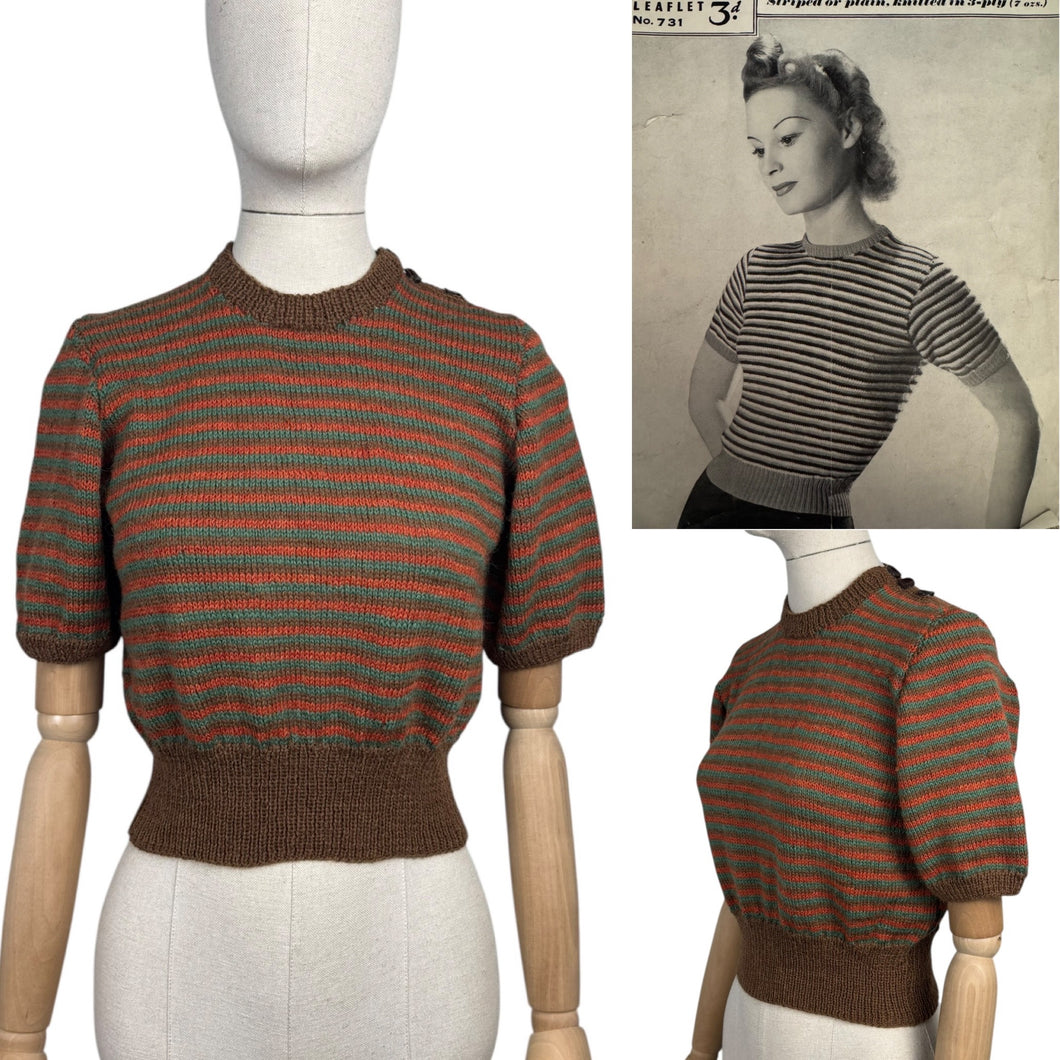 Reproduction 1940's Hand Knitted Jumper in Brown, Rust and Green Stripes - Bust 36 38