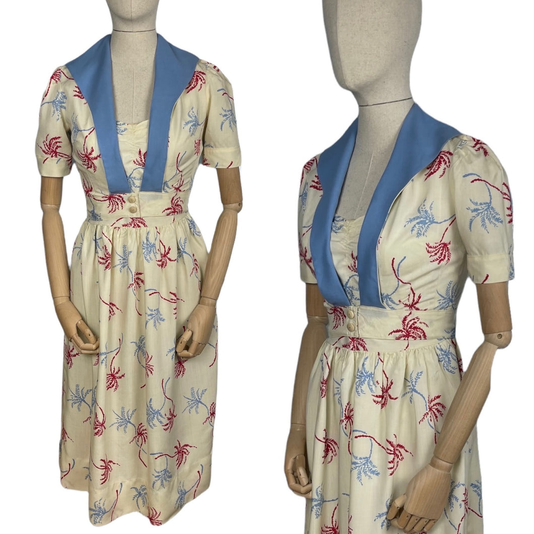 Original Petite Fitting 1940's 1950's Novelty Print Dress and Jacket Set with Palm Tree Print in Red, White and Blue Cotton Rayon - Bust 32