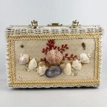 Load image into Gallery viewer, Original 1950&#39;s Princess Charming by Atlas White Wicker Bag with White Lucite Handles and Real Shell Decoration
