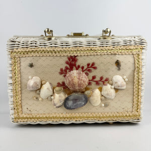 Original 1950's Princess Charming by Atlas White Wicker Bag with White Lucite Handles and Real Shell Decoration