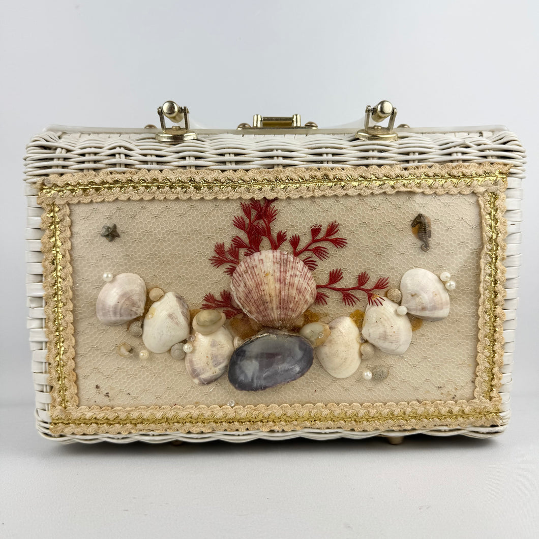 Original 1950's Princess Charming by Atlas White Wicker Bag with White Lucite Handles and Real Shell Decoration